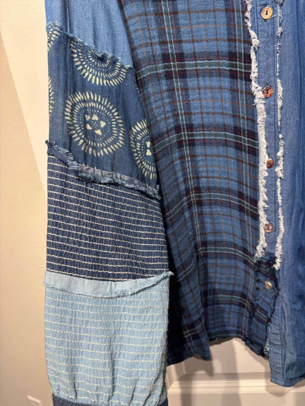 Johnny Was Workshop Blue Patchwork Denim & Plaid Button-Down - Picture 4 of 15